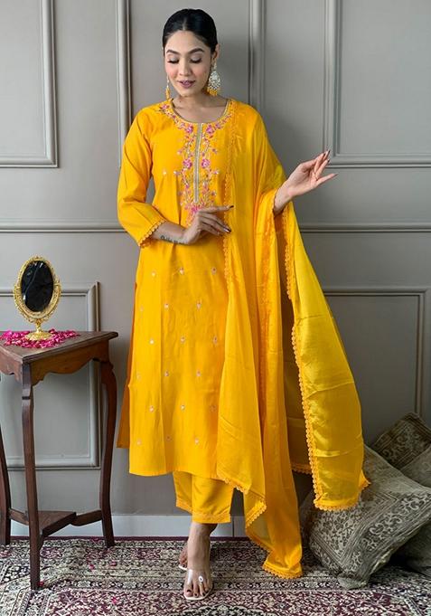 Mustard Embroidered Viscose Kurta Set