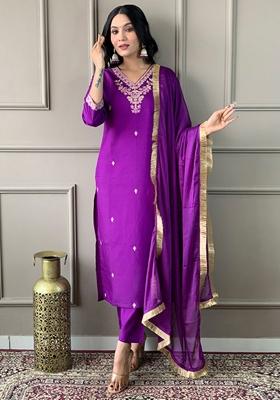 Violet Embroidered Viscose Kurta Set
