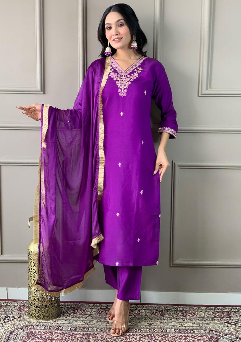 Violet Embroidered Viscose Kurta Set