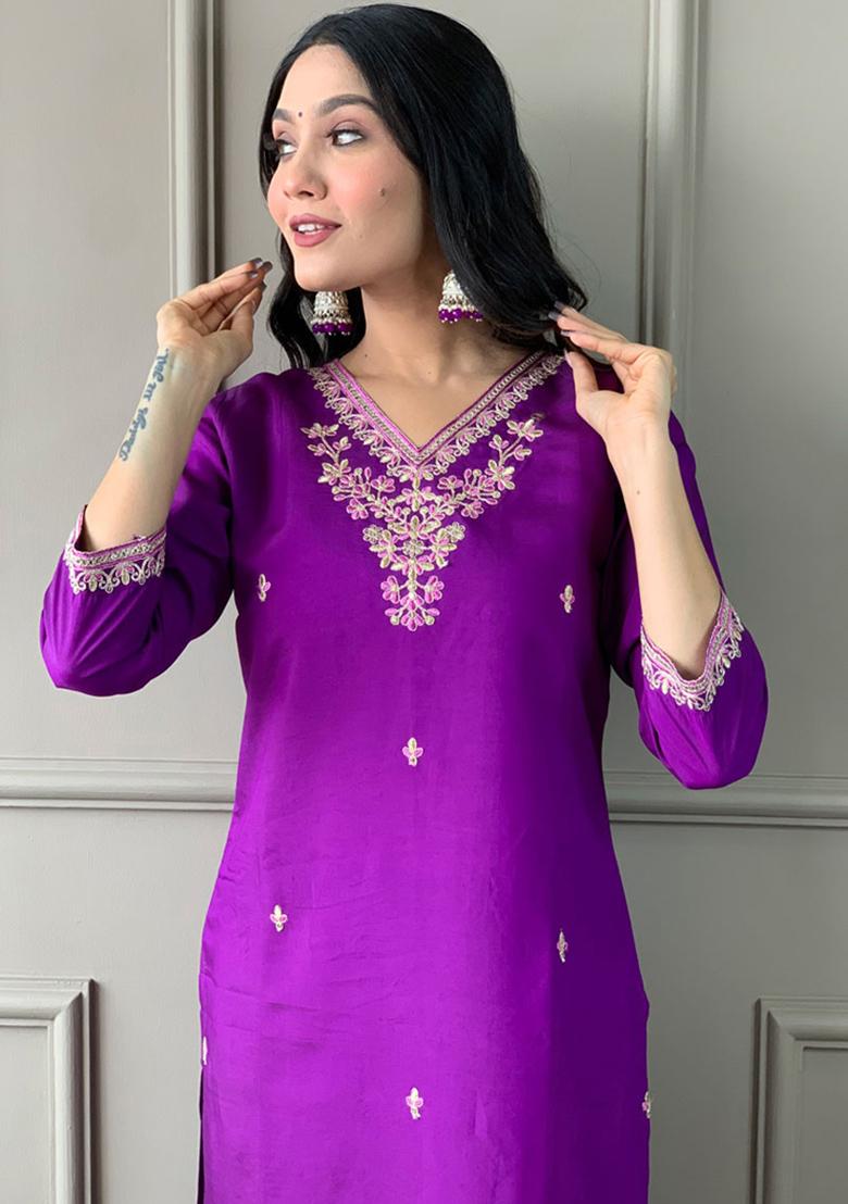 Violet Embroidered Viscose Kurta Set