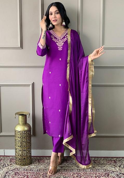 Violet Embroidered Viscose Kurta Set