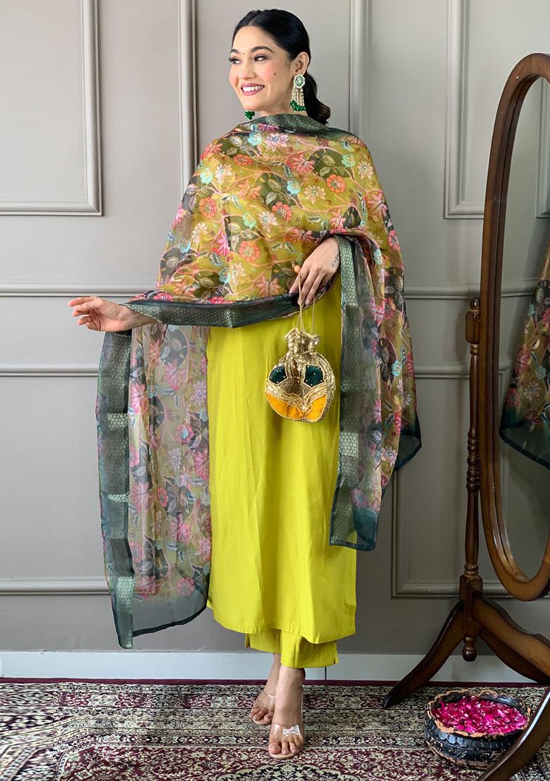 Lime Embroidered Viscose Kurta Set