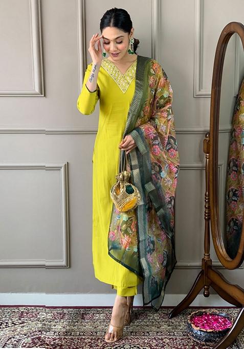 Lime Embroidered Viscose Kurta Set