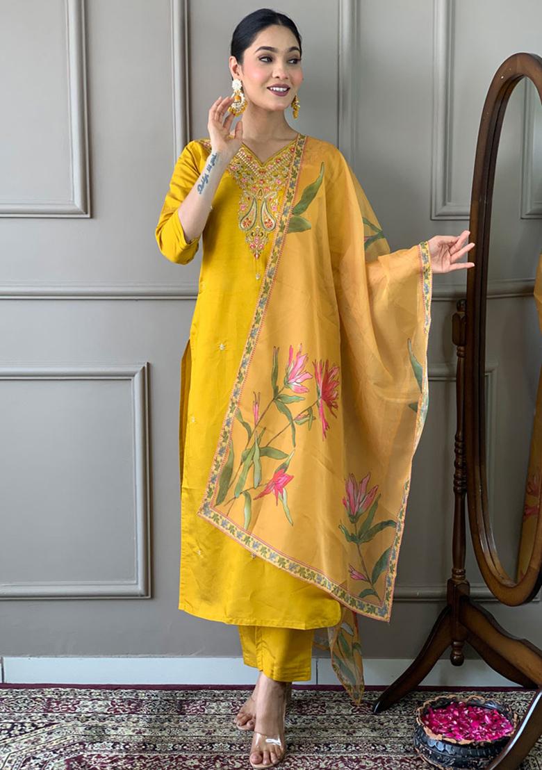 Mustard Embroidered Viscose Kurta Set