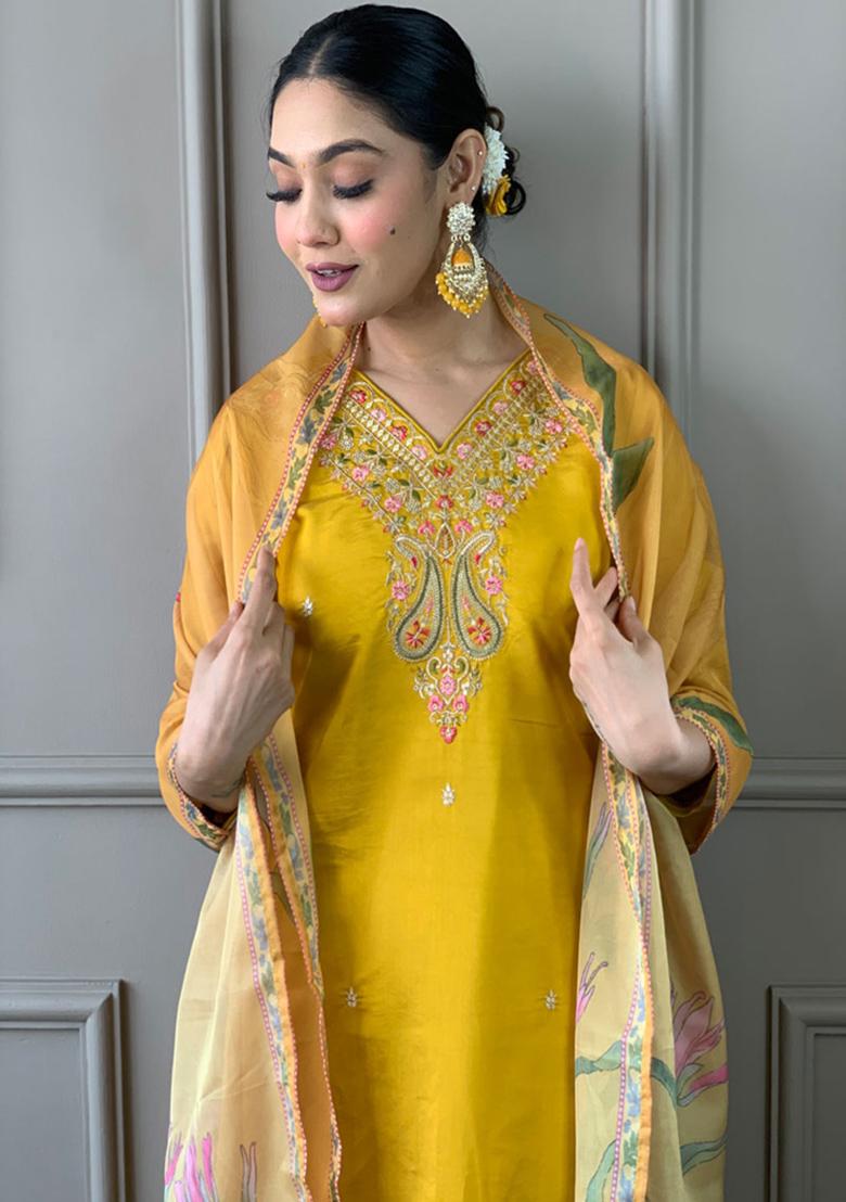 Mustard Embroidered Viscose Kurta Set