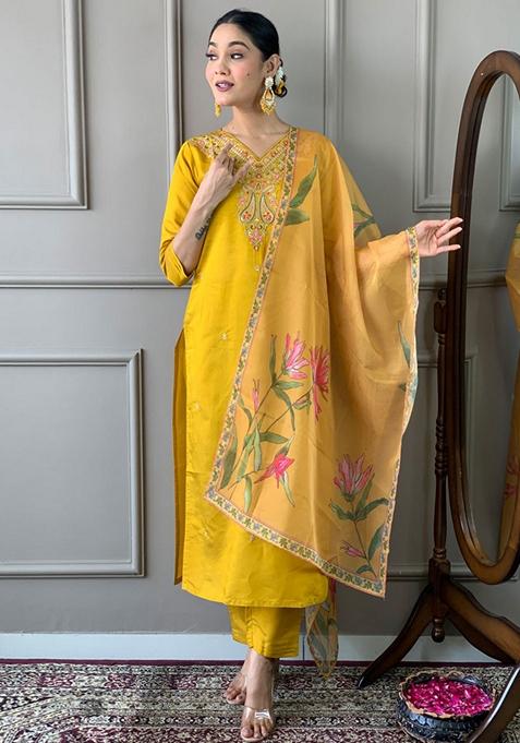 Mustard Embroidered Viscose Kurta Set