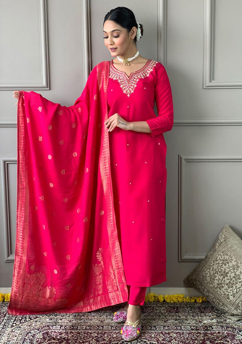 Rani Pink Embroidered Viscose Kurta Set