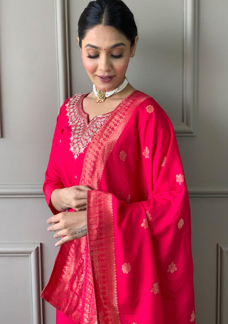 Rani Pink Embroidered Viscose Kurta Set