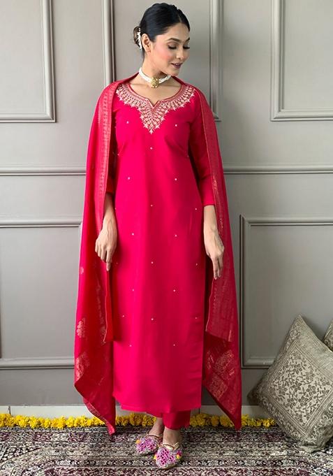 Rani Pink Embroidered Viscose Kurta Set