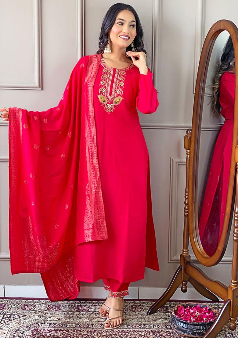 Rani Pink Embroidered Viscose Kurta Set