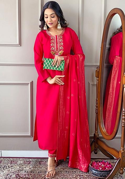 Rani Pink Embroidered Viscose Kurta Set