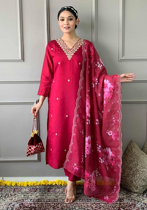 Rani Pink Embroidered Viscose Kurta Set