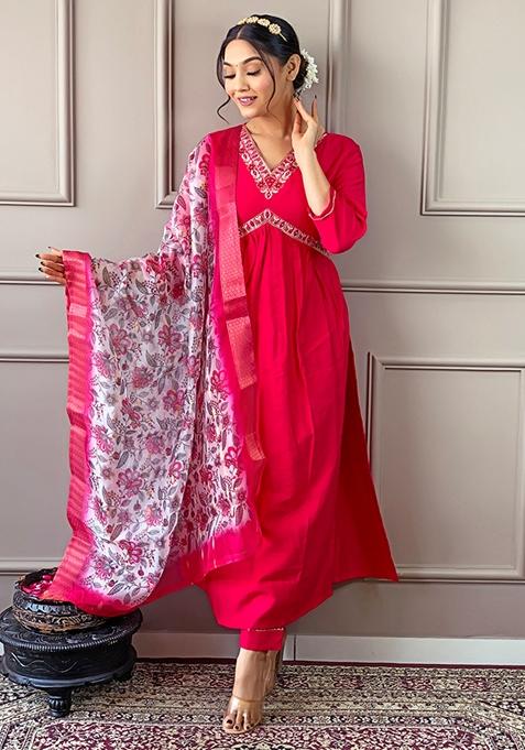 Rani Pink Embroidered Viscose Kurta Set