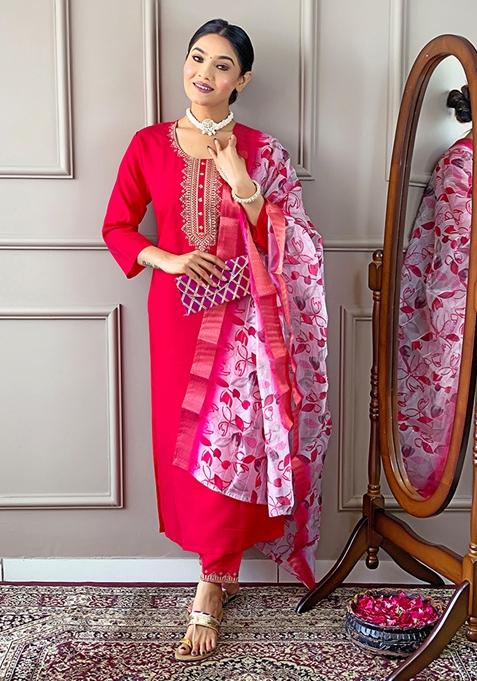 Rani Pink Embroidered Viscose Kurta Set