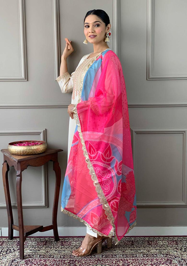 Off White Embroidered Viscose Kurta Set