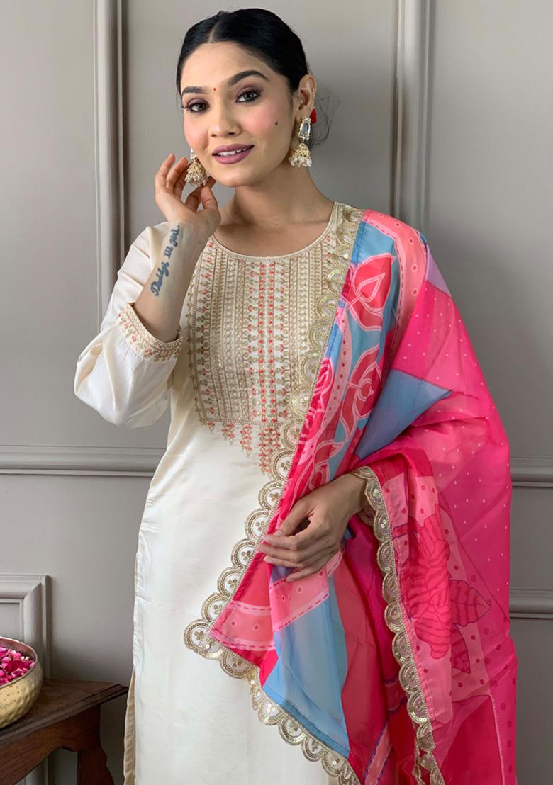 Off White Embroidered Viscose Kurta Set