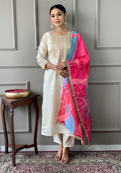 Off White Embroidered Viscose Kurta Set