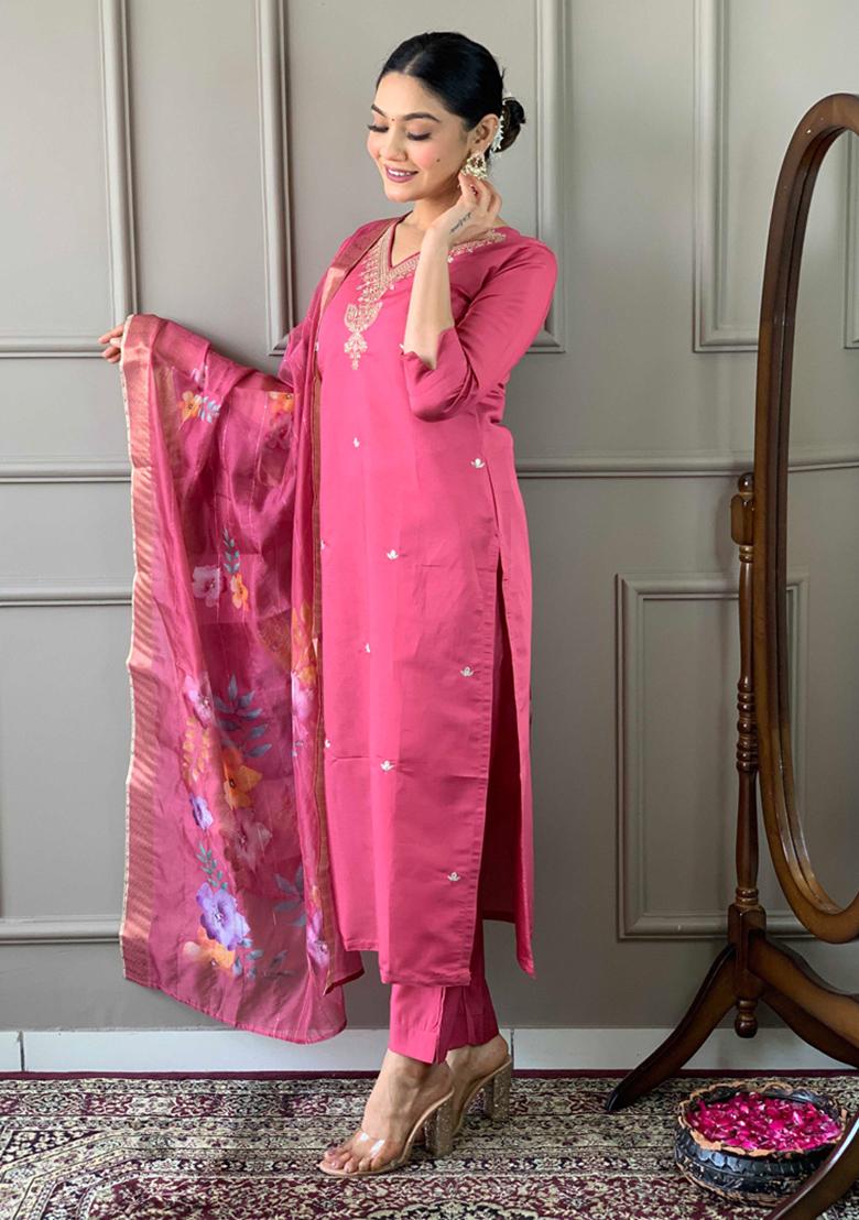 Hot Pink Embroidered Viscose Kurta Set