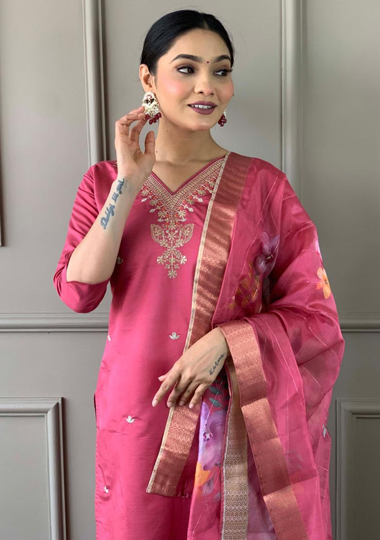 Hot Pink Embroidered Viscose Kurta Set