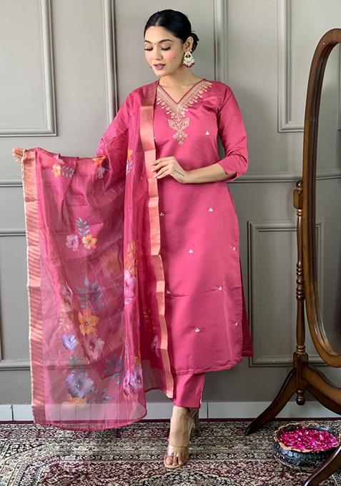 Hot Pink Embroidered Viscose Kurta Set