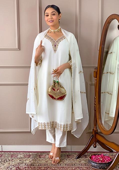 White Embroidered Georgette Kurta Set