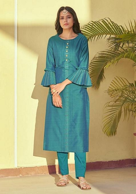 Turquoise Embroidered Silk Kurta Set