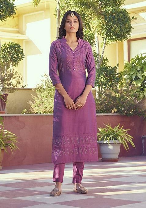 Mauve Embroidered Silk Kurta Set