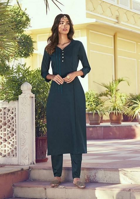 Dark Teal Embroidered Silk Kurta Set