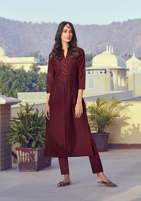 Maroon Embroidered Silk Kurta Set