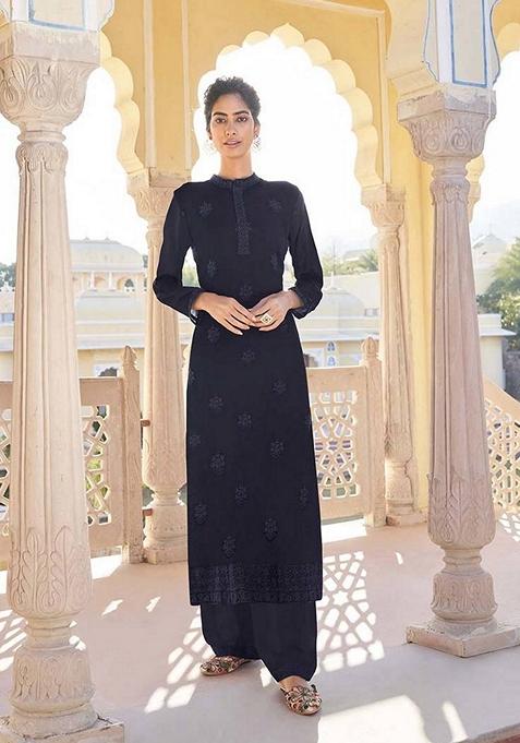 Navy Blue Embroidered Silk Kurta Set