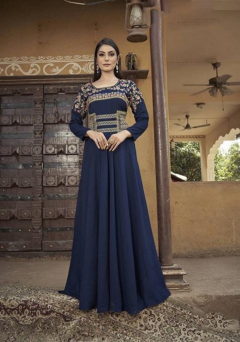 Navy Blue Embroidered Silk Anarkali Gown