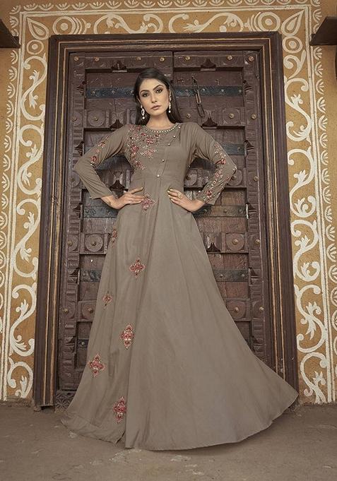 Beige Embroidered Silk Anarkali Gown