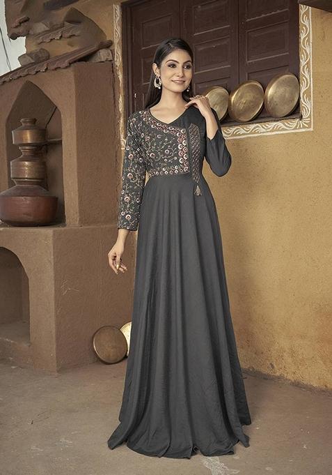 Dark Grey Embroidered Silk Anarkali Kurta