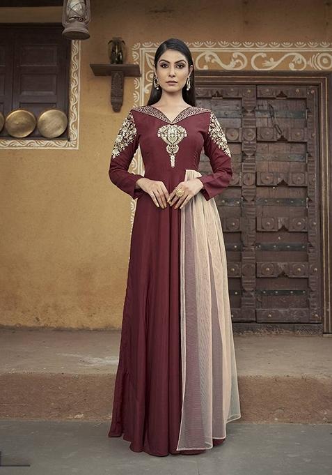 Maroon Embroidered Silk Anarkali Kurta