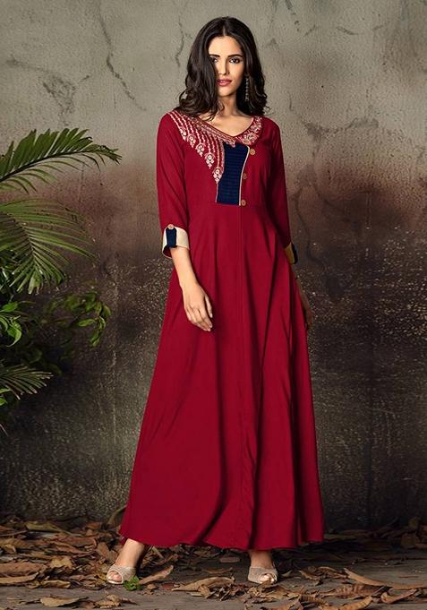 Blood Red Embroidered Rayon Anarkali Gown