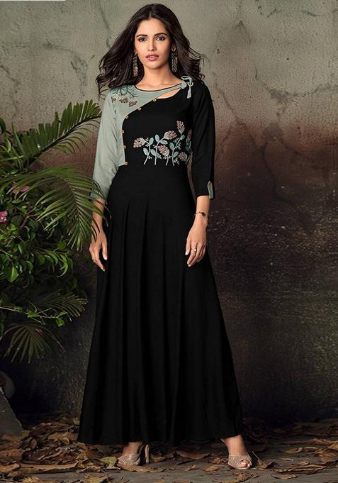 Dark Green Embroidered Rayon Anarkali Gown