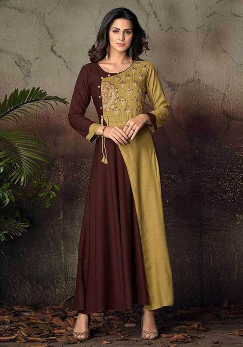 Brown Embroidered Rayon Anarkali Gown