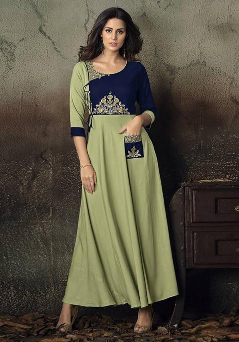 Green Embroidered Rayon Anarkali Gown