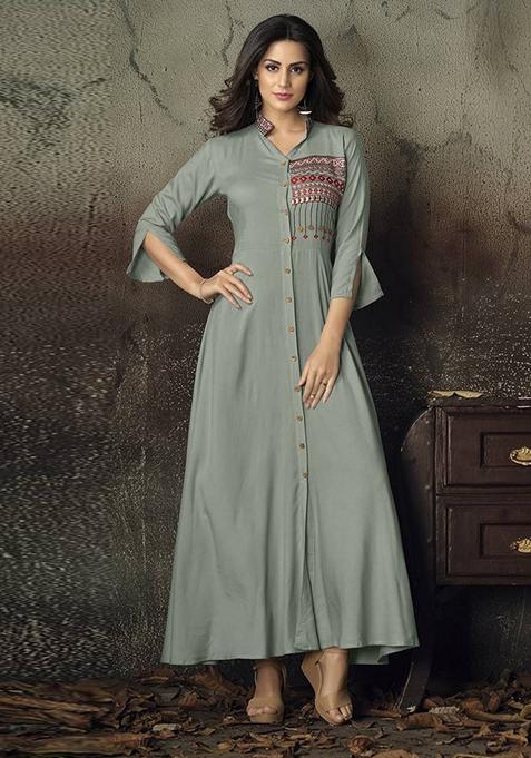 Grey Embroidered Rayon Anarkali Gown