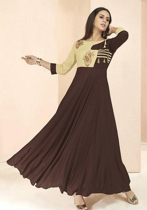 Brown Embroidered Rayon Anarkali Gown