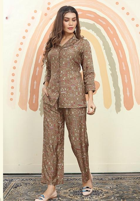 Dark Beige Printed Rayon Co-Ord Set