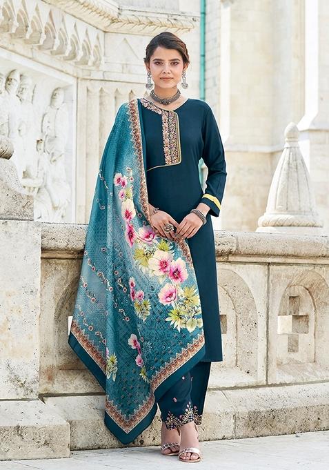 Dark Teal Embroidered Rayon Kurta Set