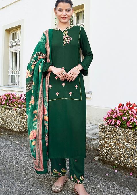 Dark Green Embroidered Rayon Kurta Set