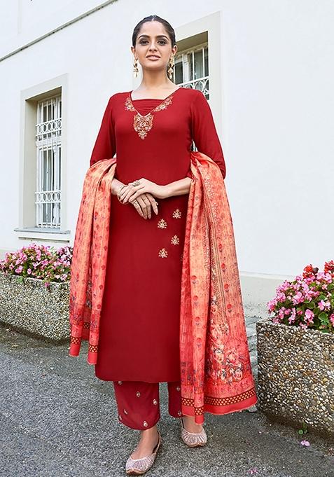 Red Embroidered Rayon Kurta Set