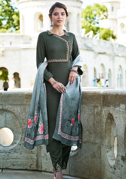 Dark Sea Green Embroidered Rayon Kurta Set