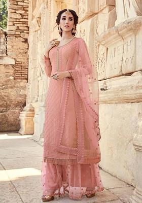 Pink Zari Embroidered Georgette Kurta Set