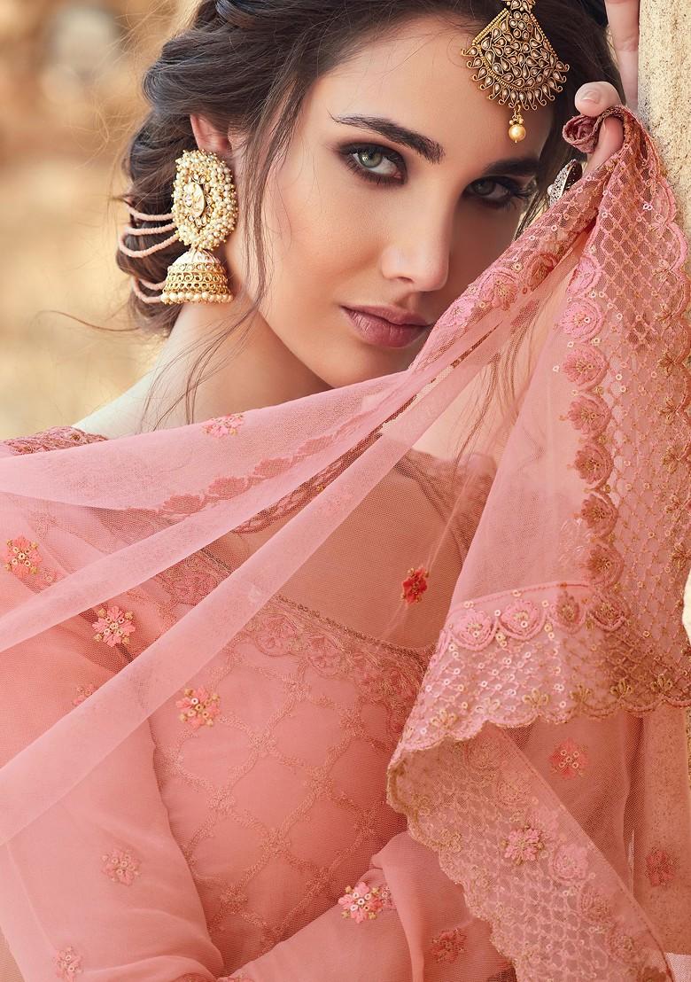 Pink Zari Embroidered Georgette Kurta Set