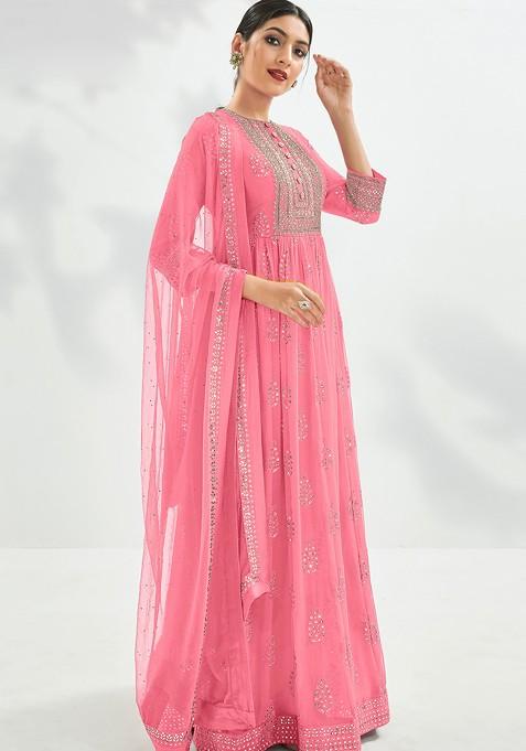 Pink Zari Embroidered Georgette Anarkali Set