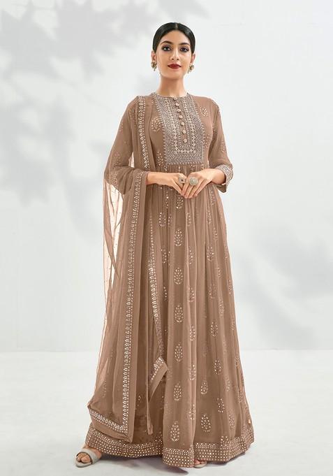 Brown Zari Embroidered Georgette Anarkali Set