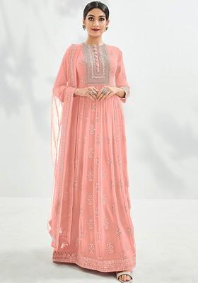 Peach Zari Embroidered Georgette Anarkali With Dupatta
